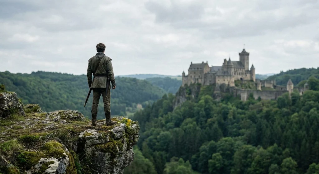A figure with a sword stands on a rocky cliff, looking out over a forested valley toward a large castle under an