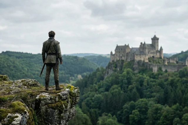 A figure with a sword stands on a rocky cliff, looking out over a forested valley toward a large castle under an